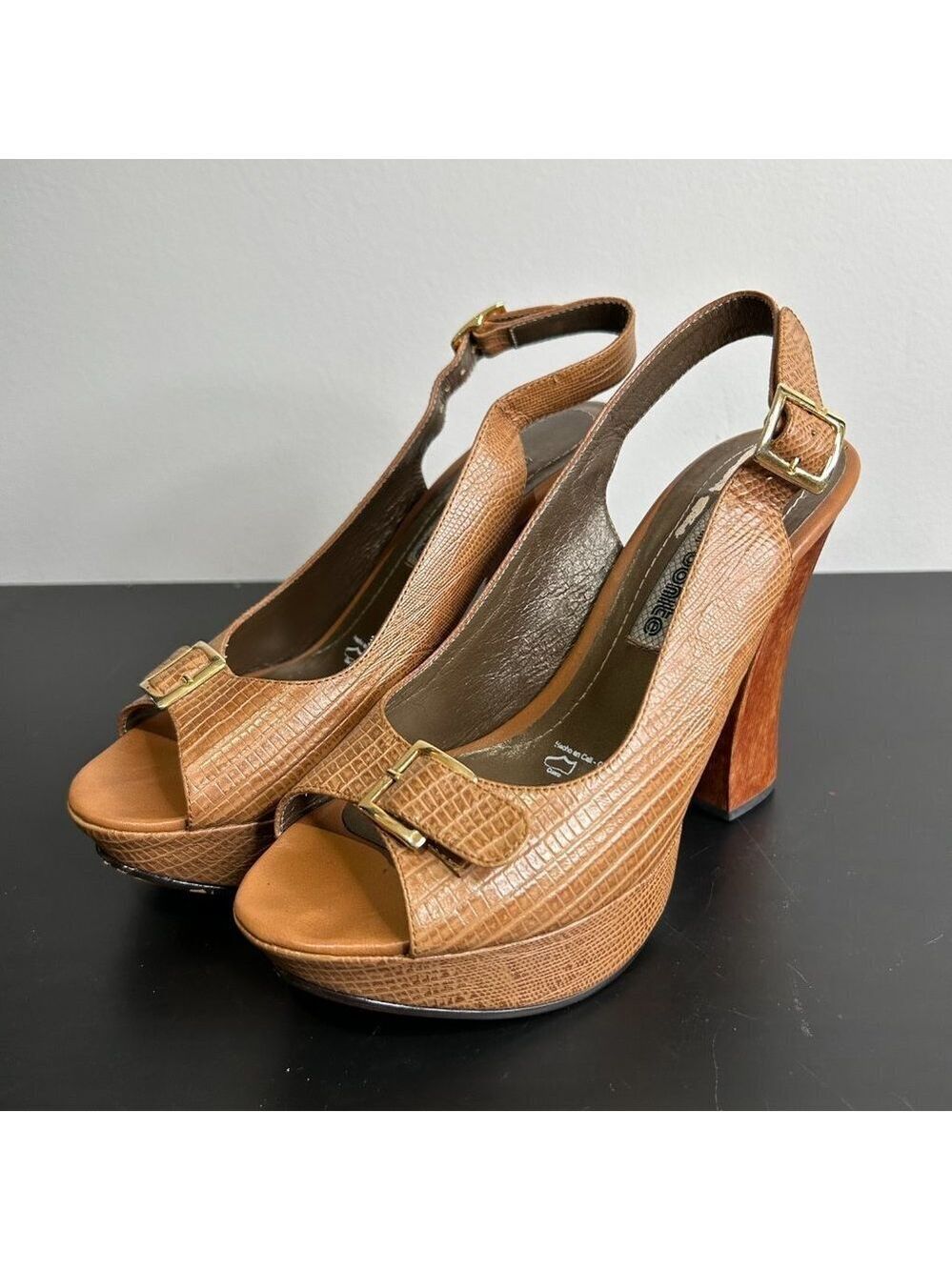 Bon-Bonite Wood Platform Peep Toe Sling Backs Honey Cake Tea Size 37